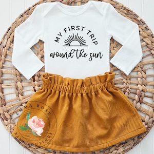 First trip around the sun birthday outfit girl, sun first birthday party, sunshine birthday outfit, sun birthday shirt, golden yellow skirt