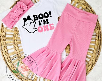 Boo I'm one Halloween first birthday outfit, spooky one birthday party, ghost 1st birthday shirt, pink bell bottom pants, cake smash outfit