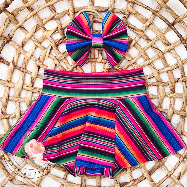 Baby girl serape print skirt with shorts, rainbow stripe skirted bummies, skorts, Cinco de Mayo, Mexican fiesta birthday, my first fiesta