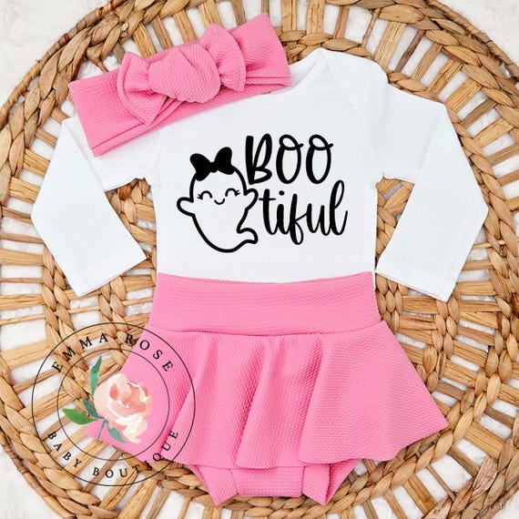 Baby girl first Halloween outfit, spooky ghost shirt, bootiful shirt, pink skirt, skirted bummies, infant girl clothes, pink halloween gift