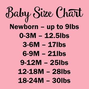 May include: A pink baby size chart with black text listing age ranges and weights in pounds: Newborn up to 9lbs, 0-3M 12.5lbs, 3-6M 17lbs, 6-9M 21lbs, 9-12M 25lbs, 12-18M 28lbs, and 18-24M 30lbs. The chart provides clear weight guidelines for infants.