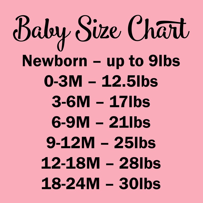 May include: A pink baby size chart with black text listing age ranges and weights in pounds: Newborn up to 9lbs, 0-3M 12.5lbs, 3-6M 17lbs, 6-9M 21lbs, 9-12M 25lbs, 12-18M 28lbs, and 18-24M 30lbs. The chart provides clear weight guidelines for infants.