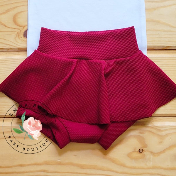Baby burgundy red skirt with shorts, maroon, rust, skirted bummies, skorts, toddler bummies, fall baby clothes, toddler skirt, Christmas