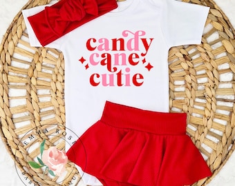 Candy cane cutie outfit, baby girl christmas outfit, candy cane cutie shirt, red skit, skirted bummies hair bow, newborn infant girl clothes