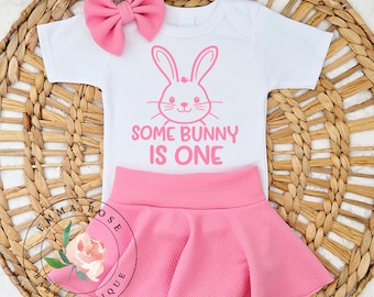 Some bunny is one first birthday outfit, Easter 1st birthday party, cake smash outfit, some bunny is one shirt, light pink skirted bummies