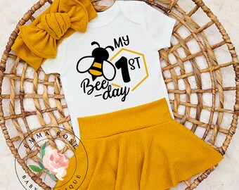 First bee day outfit girl, bumble bee first birthday outfit, mustard yellow skirt, skirted bummies, first bee day shirt, bee 1st birthday