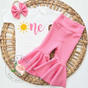 Sunshine 1st birthday girl outfit, yellow sun one first birthday bodysuit, pink bell bottom pants, headband hair bow