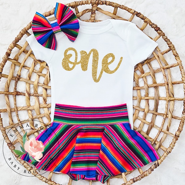 First fiesta birthday outfit girl, gold one fiesta first birthday outfit, Mexican fiesta 1st birthday outfit, serape skirt, skirted bummies