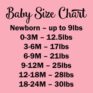 Pu&ograve; includere: Una tabella delle taglie per neonati rosa con testo nero che elenca fasce d'et&agrave; e pesi in libbre: Newborn up to 9lbs, 0-3M 12.5lbs, 3-6M 17lbs, 6-9M 21lbs, 9-12M 25lbs, 12-18M 28lbs e 18-24M 30lbs come guida per i neonati.