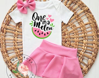 One in a melon first birthday outfit pink and green, sweet one watermelon 1st birthday outfit, tutti frutti party, ruffle waist pink skirt