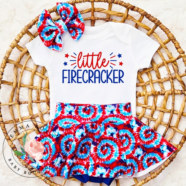 Little firecracker 4th of July outfit, baby girl patriotic clothes, tie dye skirt, red white and blue 4th of July dress, infant girl clothes