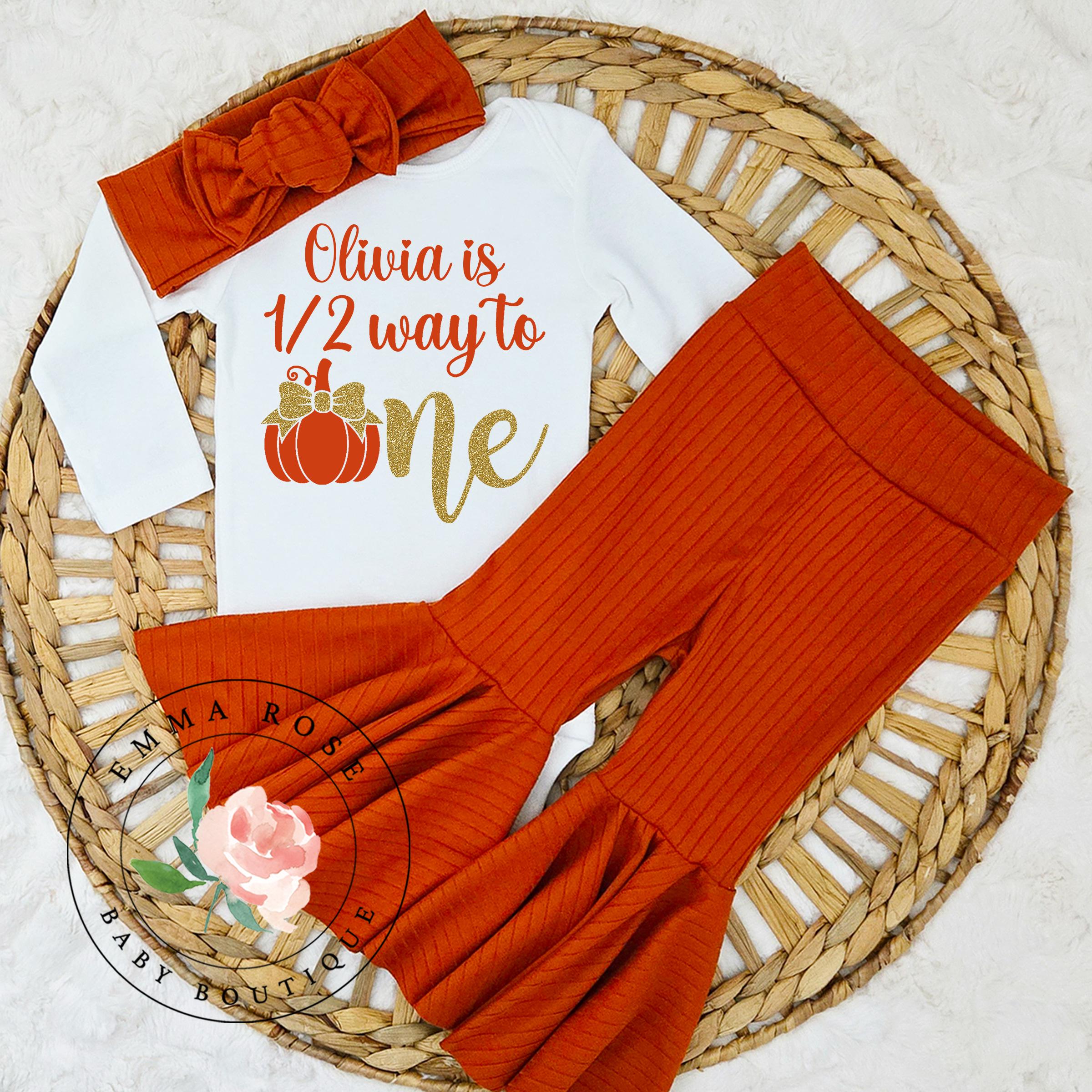 Pumpkin half birthday outfit, Fall pumpkin half way to one shirt, 6 months half birthday shirt, flare pants, coquette bow Halloween birthday
