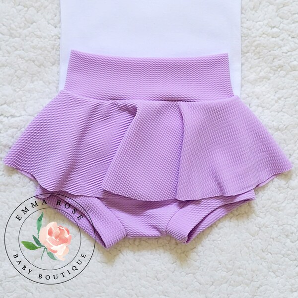 Baby girl light purple skirted bummies, short lavender skirt with shorts attached, lilac bummies, baby skirts, baby dresses, baby skorts