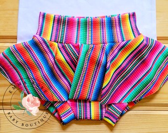 Baby girl serape print skirt with shorts, rainbow stripe skirted bummies, skorts, Cinco de Mayo, Mexican fiesta birthday, my first fiesta