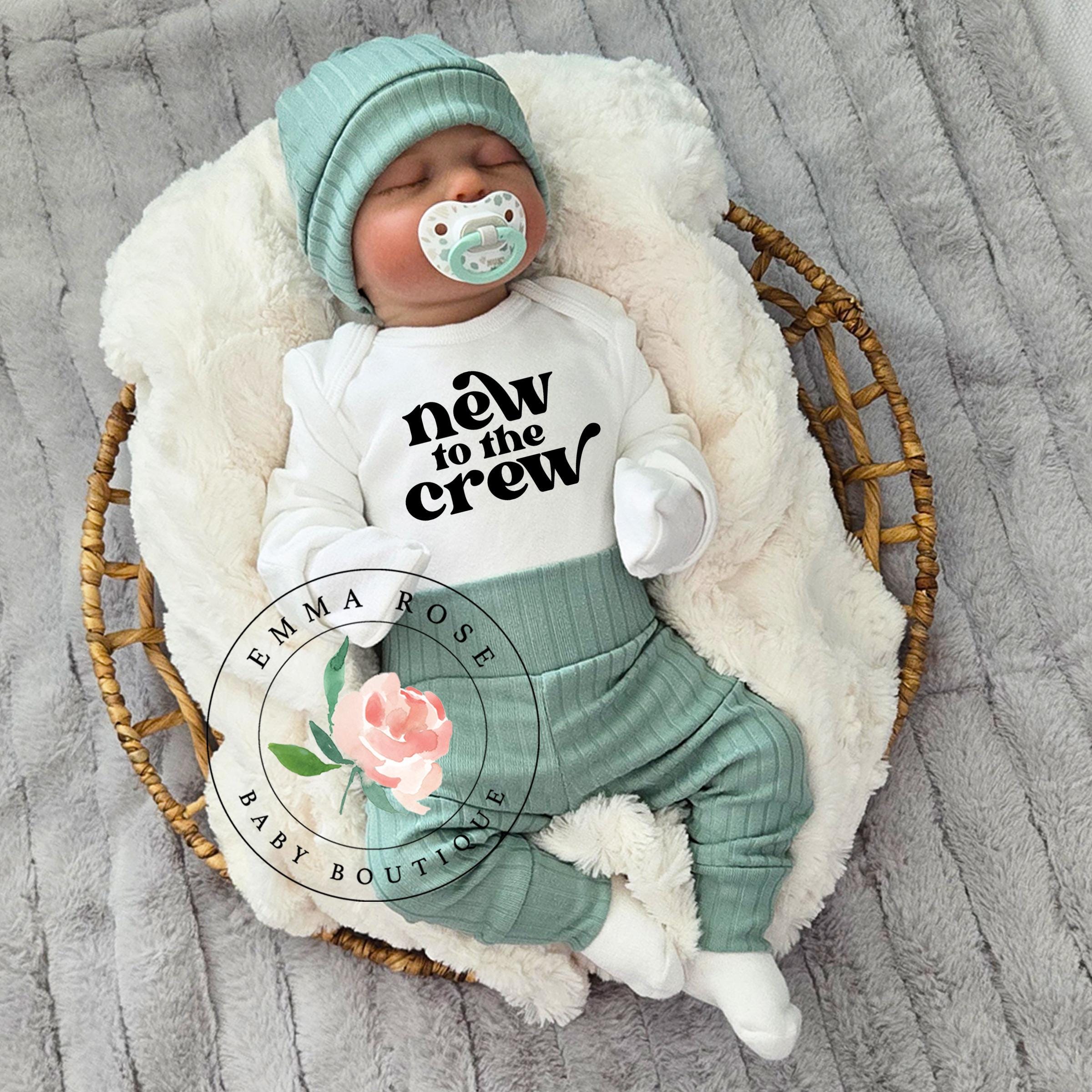 Baby boy coming home outfit, newborn boy outfit, new to the crew shirt, sage green pants, knotted hat, hospital outfit, newborn boy gift