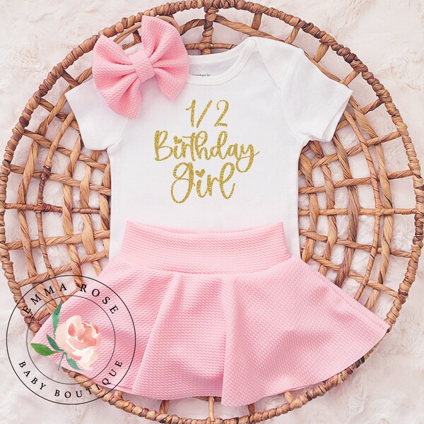 Baby girl half birthday outfit, light pink skirt, its my 1/2 birthday shirt, skirted bummies, half way to one party 6 months old girl gift