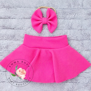 Baby girl hot pink skirted bummies with a matching hair bow, neon pink skirt, cinco de mayo, fiesta hot pink skirt, newborn infant clothes