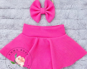 Baby girl hot pink skirted bummies with a matching hair bow, neon pink skirt, cinco de mayo, fiesta hot pink skirt, newborn infant clothes