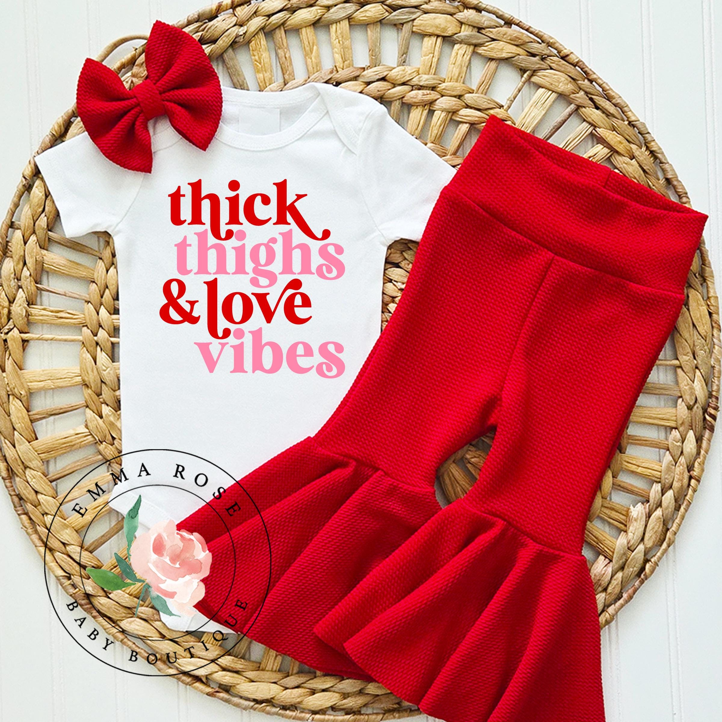 Baby girl first Valentines Day outfit, thick thighs love vibes Valentines shirt, red bell bottom pants, Valentines gift, infant girl clothes