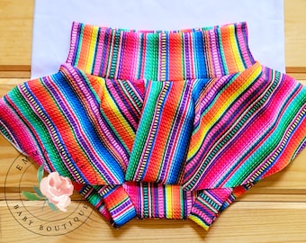 Baby girl serape print skirt with shorts, rainbow stripe skirted bummies, skorts, Cinco de Mayo, Mexican fiesta birthday, my first fiesta