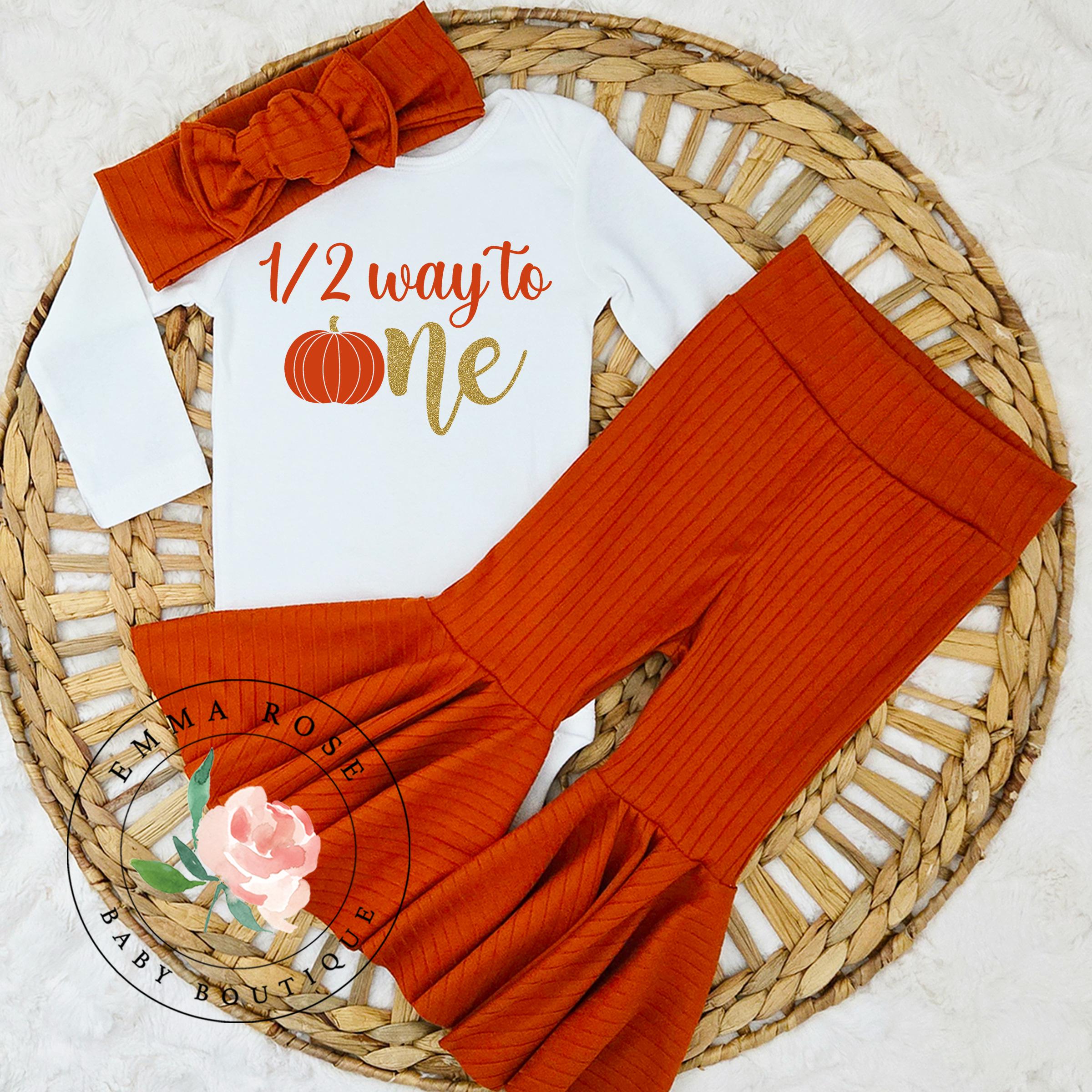 Pumpkin half birthday outfit, Fall pumpkin half way to one shirt, 6 months half birthday shirt, flare pants, coquette bow Halloween birthday