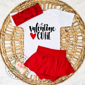 Baby girl first Valentines Day outfit, red and black valentine cutie shirt, skirted bummies, heart shirt, Valentines gift infant clothes