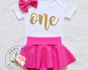 Baby girl hot pink and gold first birthday outfit, pink skirted bummies, one birthday shirt, coquette princess birthday outfit, cake smash
