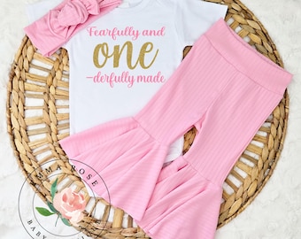 Fearfully and onederfully made first birthday outfit, coquette pink and gold onederful first birthday shirt, bell bottom pants, 1st birthday