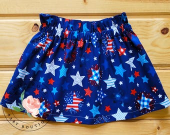 Girls red white and blue star skirt with bummies, toddler 4th of July skirt with bloomers, summer 4th of July outfit, Patriotic baby clothes