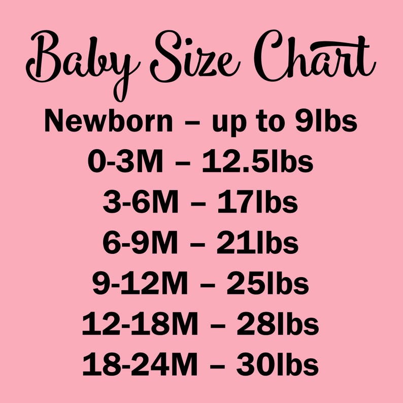 May include: A pink baby size chart with black text listing age ranges and weights in pounds: Newborn up to 9lbs, 0-3M 12.5lbs, 3-6M 17lbs, 6-9M 21lbs, 9-12M 25lbs, 12-18M 28lbs, and 18-24M 30lbs. The chart provides clear weight guidelines for infants.