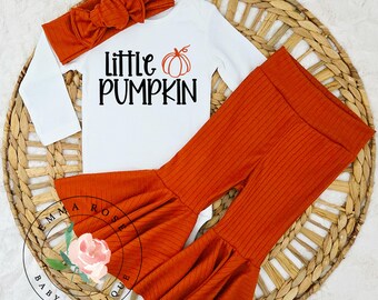 Baby girl little pumpkin Fall outfit, newborn girl, little pumpkin shirt, burnt orange pants, hair bow, bell bottoms, first Halloween outfit