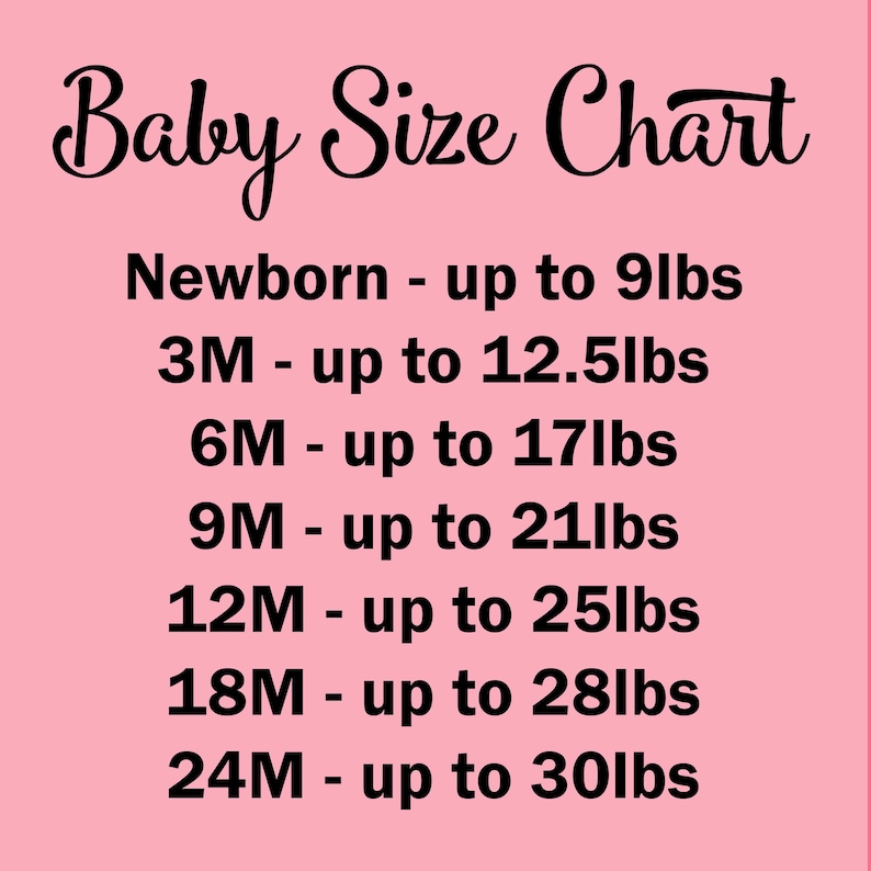 May include: A pink baby size chart with black text listing sizes from Newborn up to 9lbs, 3M up to 12.5lbs, 6M up to 17lbs, 9M up to 21lbs, 12M up to 25lbs, 18M up to 28lbs, and 24M up to 30lbs. The title Baby Size Chart is at the top.