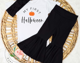 Baby girl first Halloween outfit, orange pumpkin, my first Halloween shirt, boho black bell bottoms, flare pants, newborn girl outfit, gift