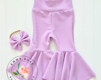 Baby girl light purple bell bottom flare pants, headband hair bow, lavender baby pants, lilac newborn pants, infant girl clothes spring