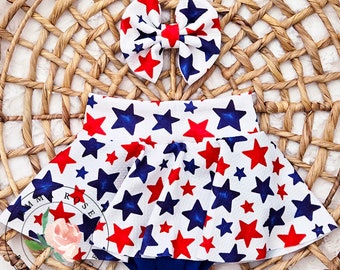 Red white and blue stars skirt, stars skirted bummies, 4th of July skirt, 4th of July outfit, 4th of July dress, patriotic baby girl clothes