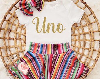 Fiesta first birthday outfit, uno birthday shirt, serape skirt, Mexican fiesta dress, fiesta 1st birthday, rainbow stripe skirted bummies