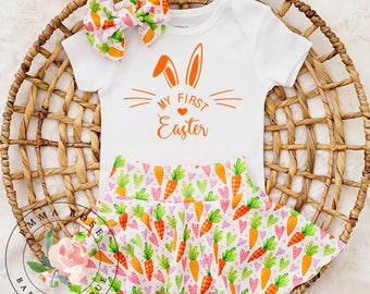 Baby girl first Easter outfit, carrot print, baby Easter outfit, newborn Easter gift, Easter dress, Spring, infant clothes skirted bummies