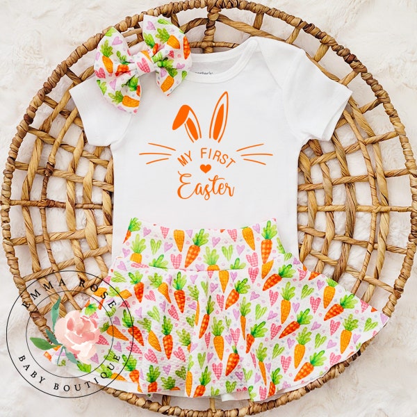 Baby girl first Easter outfit, carrot print, baby Easter outfit, newborn Easter gift, Easter dress, Spring, infant clothes skirted bummies
