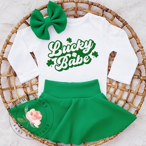Lucky baby first St Patricks day outfit green, lucky babe outfit, green skirt and hair bow, green skirted bummies, lucky one birthday