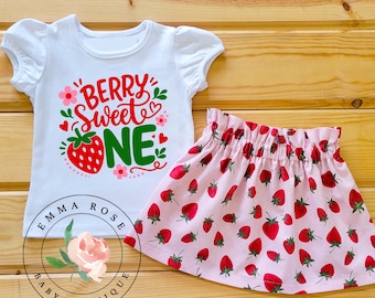 Berry first birthday outfit girl, strawberry first birthday party, pink and red strawberry skirt, berry sweet one shirt, cake smash outfit