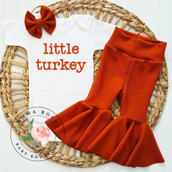Baby girl first Thanksgiving outfit, little turkey shirt, orange flare pants, bell bottoms, Fall outfit, newborn girl outfit, infant clothes