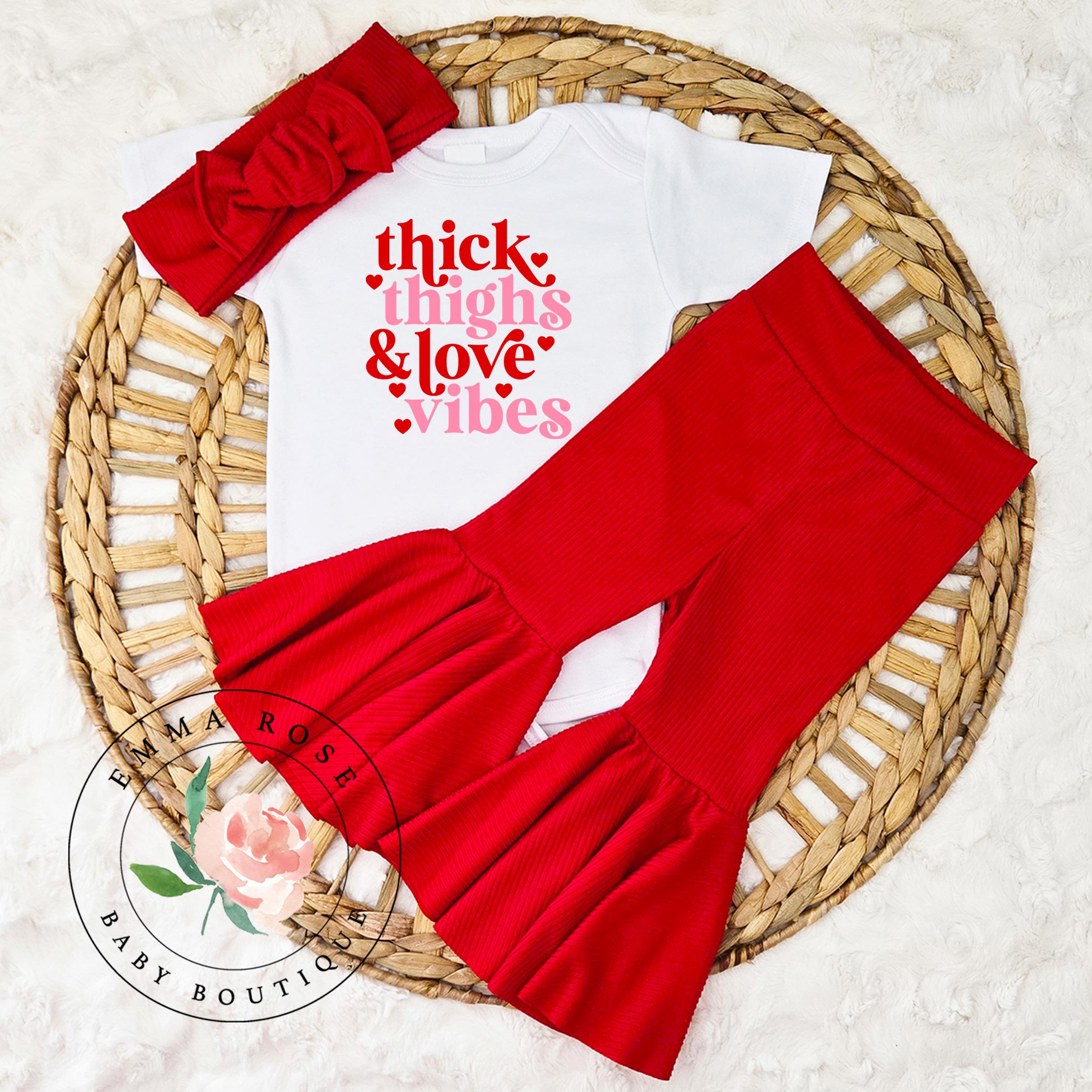 Baby girl first Valentines Day outfit, thick thighs love vibes Valentines shirt, red bell bottom pants, Valentines gift, infant girl clothes
