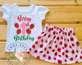 Berry first birthday outfit, sweet one strawberry party, berry first birthday shirt, pink and red strawberry skirt, berry sweet one gift
