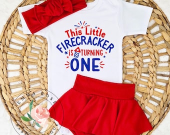 Little firecracker is one first birthday outfit girl, red white and blue outfit, patriotic 4th of July birthday, red skirt, skirted bummies