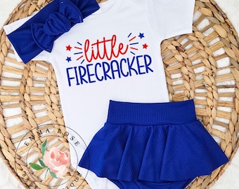 Little firecracker 4th of July outfit baby girl, royal blue skirted bummies, little firecracker shirt, red white & blue 4th of July birthday