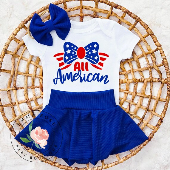 All American 4th of July outfit girl, red white and blue coquette bow shirt, royal blue skirt, skirted bummies, summer patriotic clothes