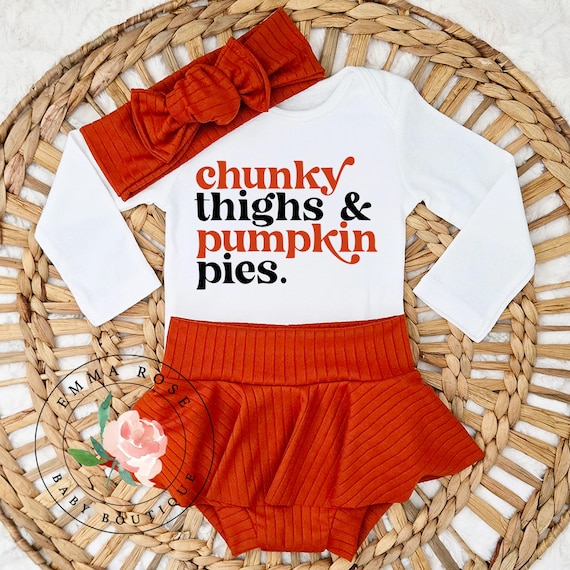 Baby girl first Thanksgiving outfit, chunky thighs pumpkin pies shirt, burnt orange skirt, skirted bummies, Fall outfit, newborn girl outfit