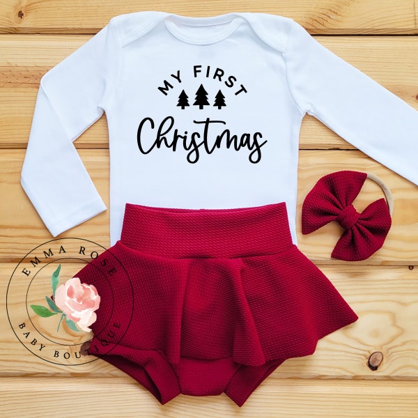 Baby girl first Christmas outfit burgundy red maroon, my 1st Christmas baby girl clothes, skirted bummies, newborn baby girl Christmas dress