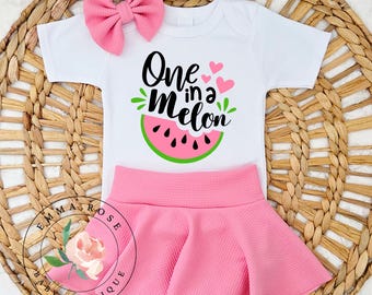 One in a melon first birthday outfit, pink and lime green one in a melon shirt, skirted bummies, sweet one watermelon 1st birthday party,