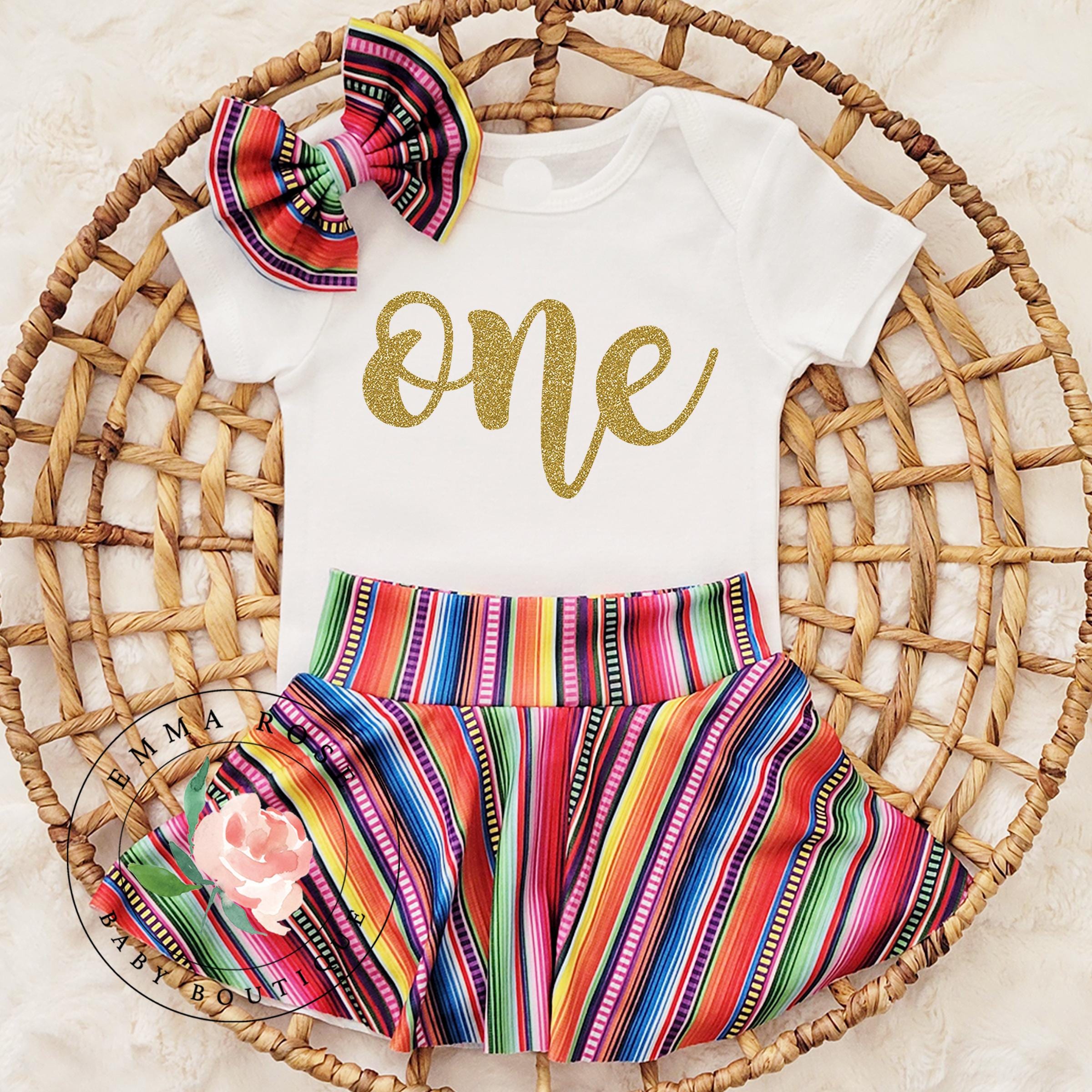Fiesta first birthday outfit, one birthday shirt, serape skirt, rainbow stripe skirted bummies, Mexican fiesta dress, fiesta 1st birthday